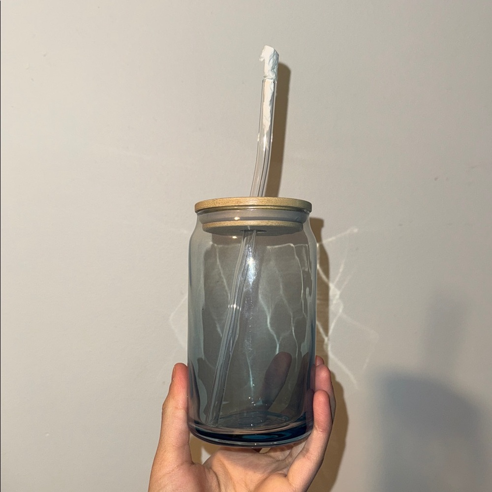 Glass Tumbler with Straw and Bamboo Lid New